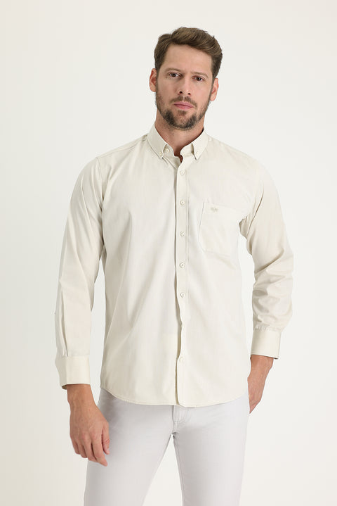 Light Beige Long Sleeve Regular Fit Patterned Cotton Easy-Iron Button-Down Collar Shirt