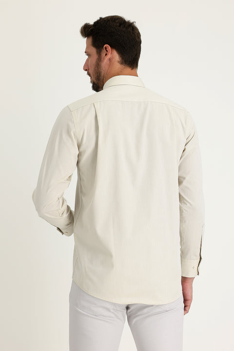 Light Beige Long Sleeve Regular Fit Patterned Cotton Easy-Iron Button-Down Collar Shirt