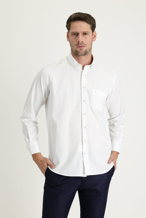 White Long Sleeve Regular Fit Patterned Cotton Easy-Iron Button-Down Collar Shirt