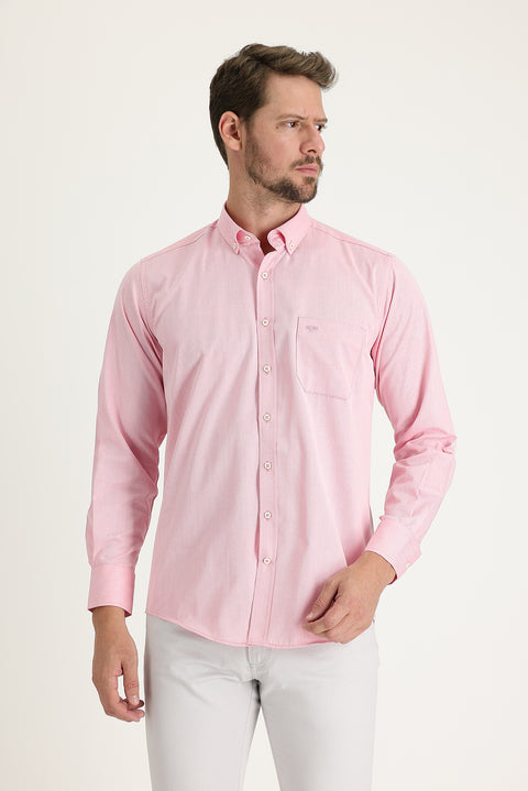 Light Red Long Sleeve Regular Fit Patterned Cotton Easy-Iron Button-Down Collar Shirt