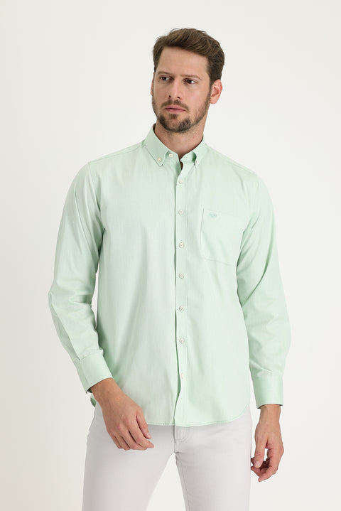 Aqua Green Long Sleeve Regular Fit Patterned Cotton Easy-Iron Button-Down Collar Shirt