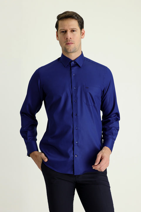 Medium Navy Long Sleeve Non-Iron Satin Classic Cotton Shirt