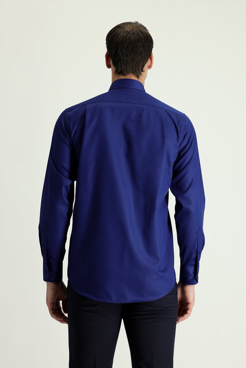 Medium Navy Long Sleeve Non-Iron Satin Classic Cotton Shirt