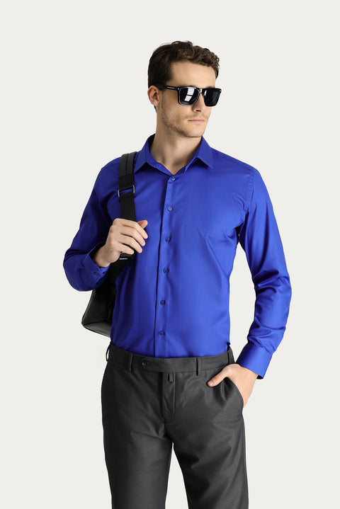 Saks Mavi Uzun Kol Slim Fit Dar Kesim Non Iron Saten Pamuklu Gömlek