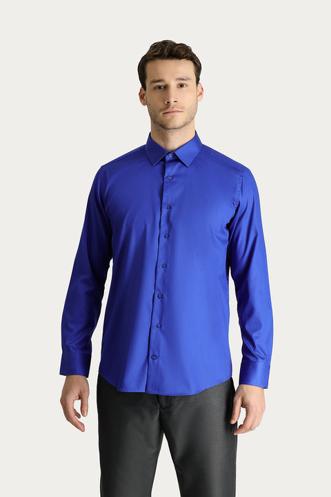 Saks Mavi Uzun Kol Slim Fit Dar Kesim Non Iron Saten Pamuklu Gömlek