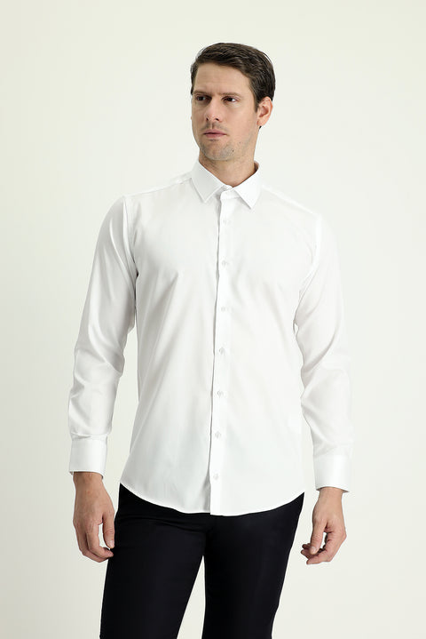 White Long Sleeve Slim Fit Narrow Cut Non-Iron Satin Cotton Shirt