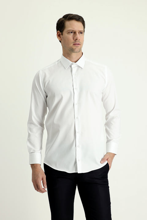 White Long Sleeve Slim Fit Narrow Cut Non-Iron Satin Cotton Shirt