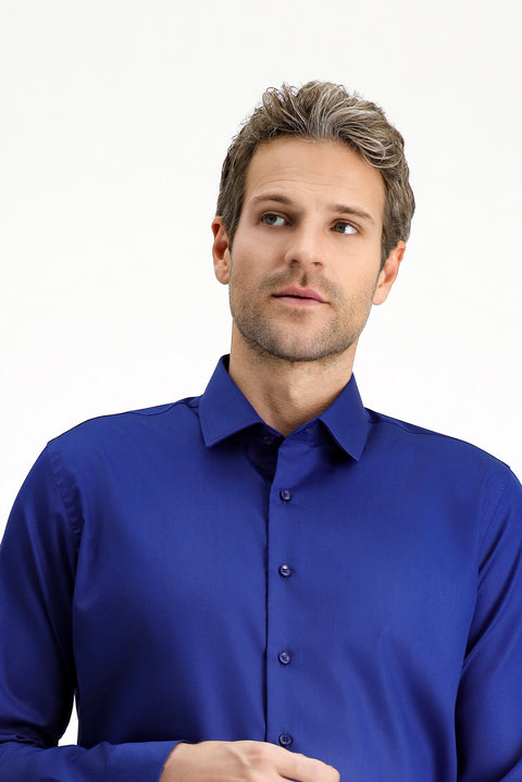 Medium Navy Long Sleeve Slim Fit Classic Non-Iron Satin Cotton Shirt