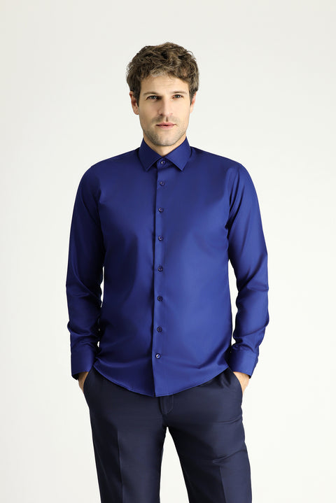 Medium Navy Long Sleeve Slim Fit Classic Non-Iron Satin Cotton Shirt