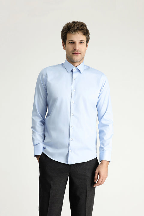 Uçuk Mavi Uzun Kol Slim Fit Dar Kesim Klasik Non Iron Saten Pamuklu Gömlek