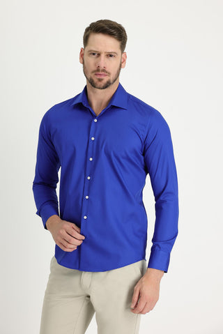  Saks Mavi Uzun Kol Slim Fit Dar Kesim Klasik Non Iron Saten Pamuklu Gömlek