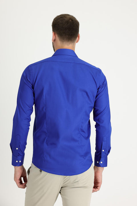 Saks Mavi Uzun Kol Slim Fit Dar Kesim Klasik Non Iron Saten Pamuklu Gömlek
