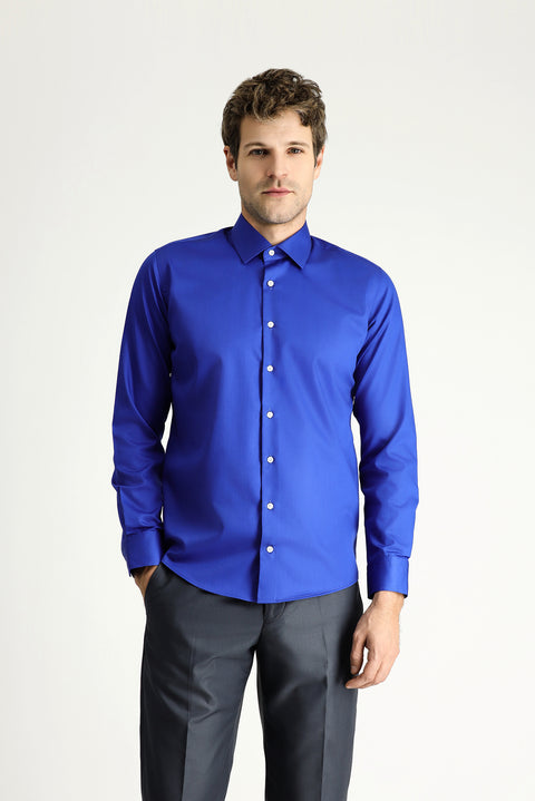 Saks Mavi Uzun Kol Slim Fit Dar Kesim Klasik Non Iron Saten Pamuklu Gömlek