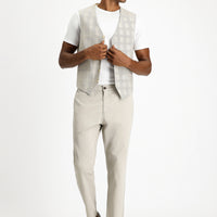 Medium Beige Slim Fit Classic Vest in Plaid Linen Blend
