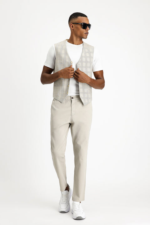 Medium Beige Slim Fit Classic Vest in Plaid Linen Blend