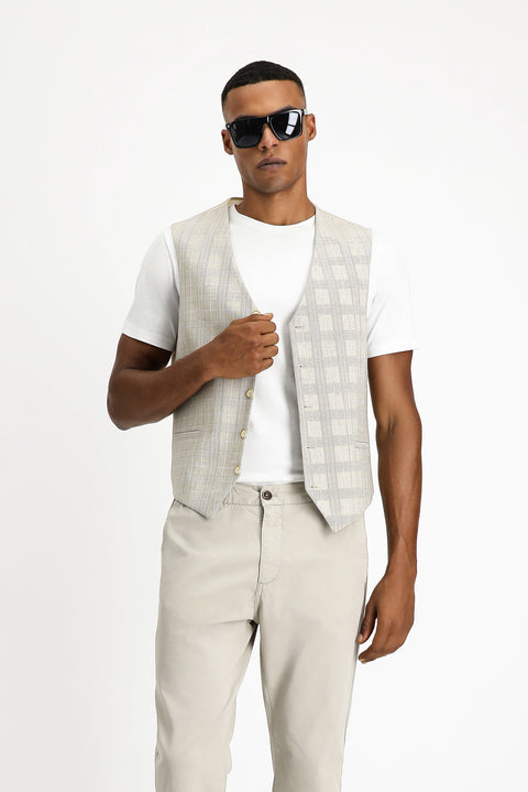 Medium Beige Slim Fit Classic Vest in Plaid Linen Blend