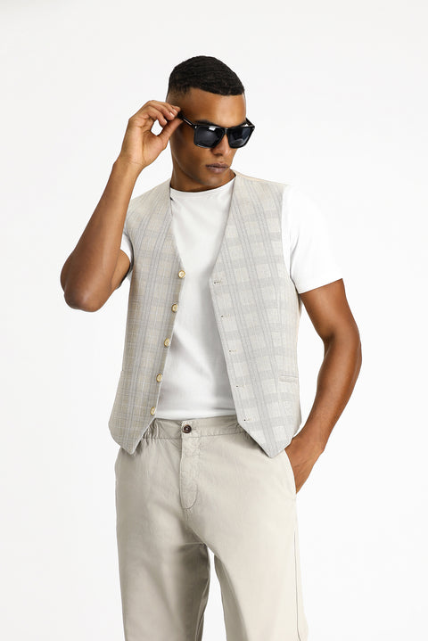 Medium Beige Slim Fit Classic Vest in Plaid Linen Blend