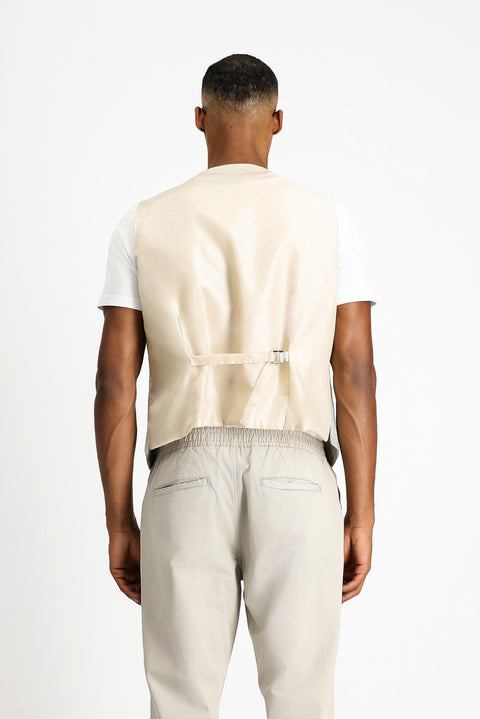 Medium Beige Slim Fit Classic Vest in Plaid Linen Blend
