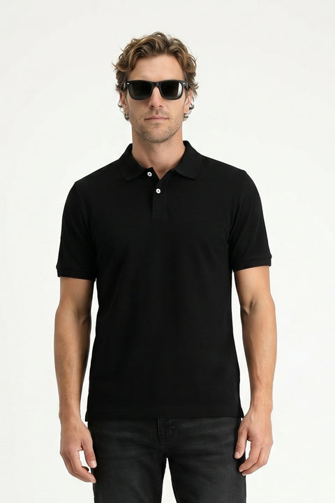Black Polo Collar Regular Fit Embroidered T-shirt