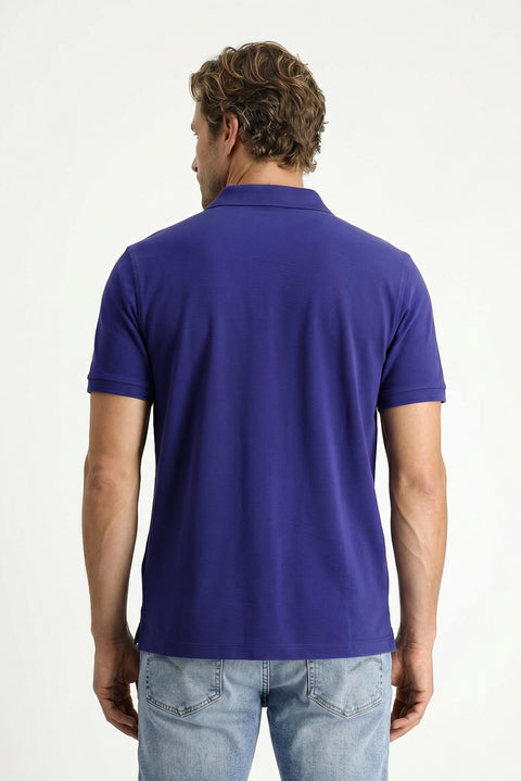 Orta Lacivert Polo Yaka Regular Fit Nakışlı Pamuk Tişört