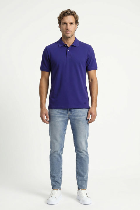 Orta Lacivert Polo Yaka Regular Fit Nakışlı Pamuk Tişört