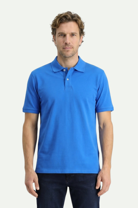 Saks Mavi Polo Yaka Regular Fit Nakışlı Pamuk Tişört