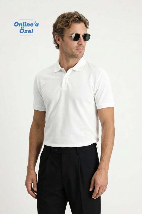 White Polo Collar Regular Fit Embroidered T-shirt