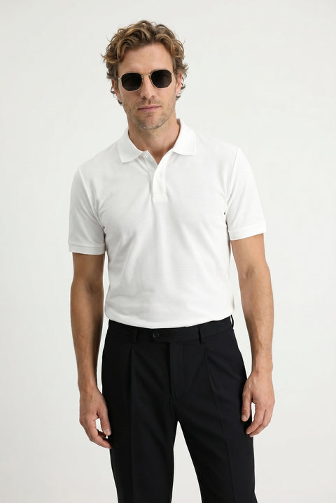 White Polo Collar Regular Fit Embroidered T-shirt