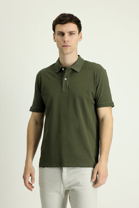 Medium Khaki Polo Collar Regular Fit Embroidered T-shirt