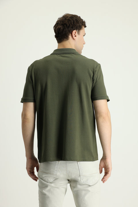 Medium Khaki Polo Collar Regular Fit Embroidered T-shirt