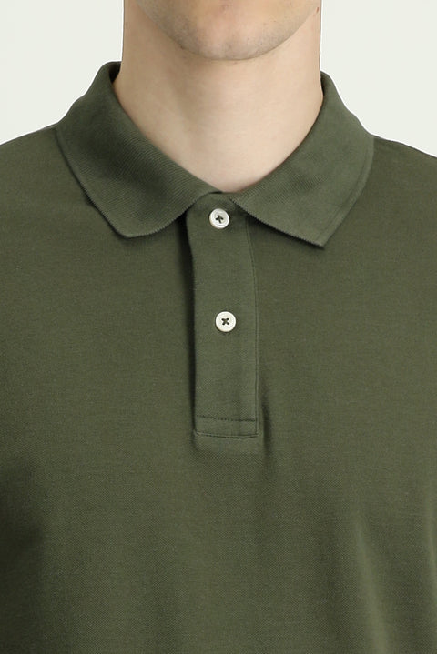 Medium Khaki Polo Collar Regular Fit Embroidered T-shirt