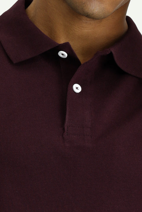 Dark Burgundy Polo Collar Regular Fit Embroidered T-Shirt