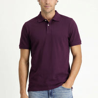 Plum-colored Polo Collar Regular Fit Embroidered Cotton T-shirt