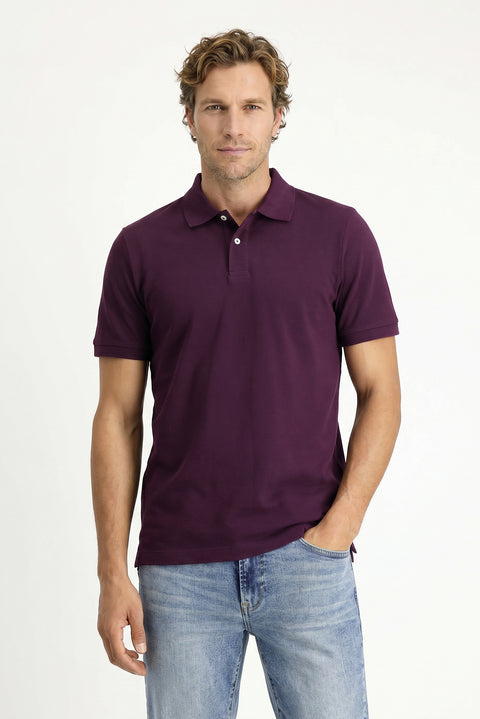 Plum-colored Polo Collar Regular Fit Embroidered Cotton T-shirt