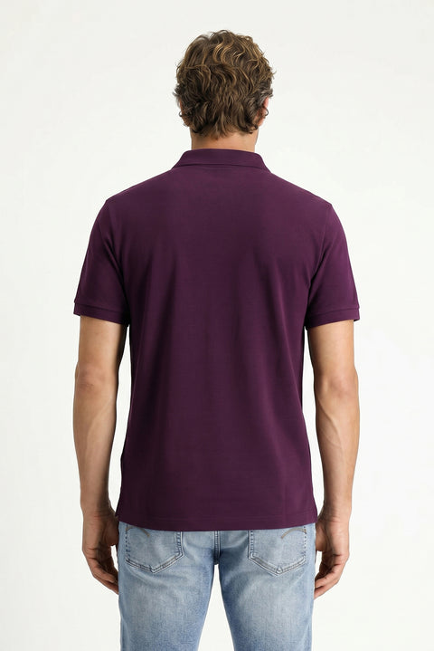 Plum-colored Polo Collar Regular Fit Embroidered Cotton T-shirt