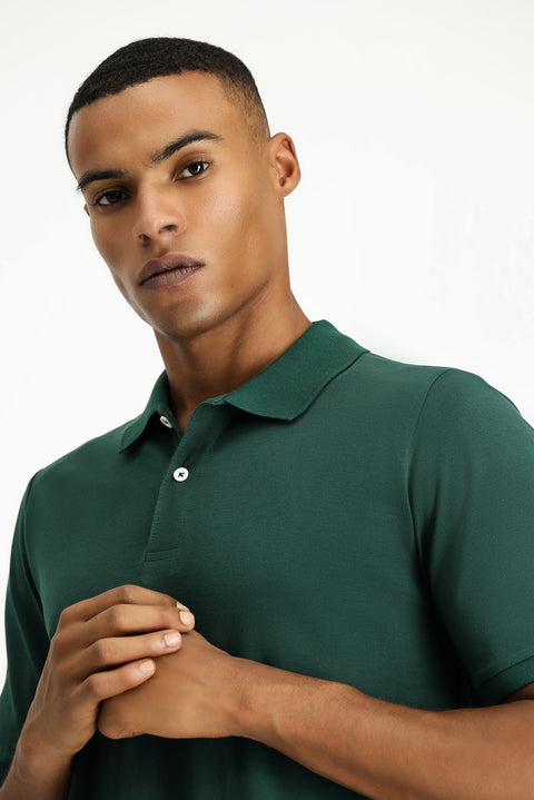 Koyu Yeşil Polo Yaka Regular Fit Nakışlı Pamuk Tişört
