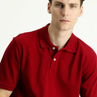 Dark Red Polo Collar Regular Fit Embroidered T-Shirt
