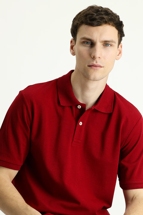 Dark Red Polo Collar Regular Fit Embroidered T-Shirt
