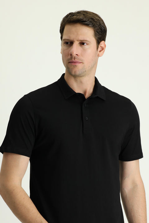 Black Polo Collar Regular Fit Embroidered Supreme Cotton T-Shirt