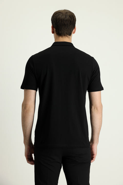 Black Polo Collar Regular Fit Embroidered Supreme Cotton T-Shirt
