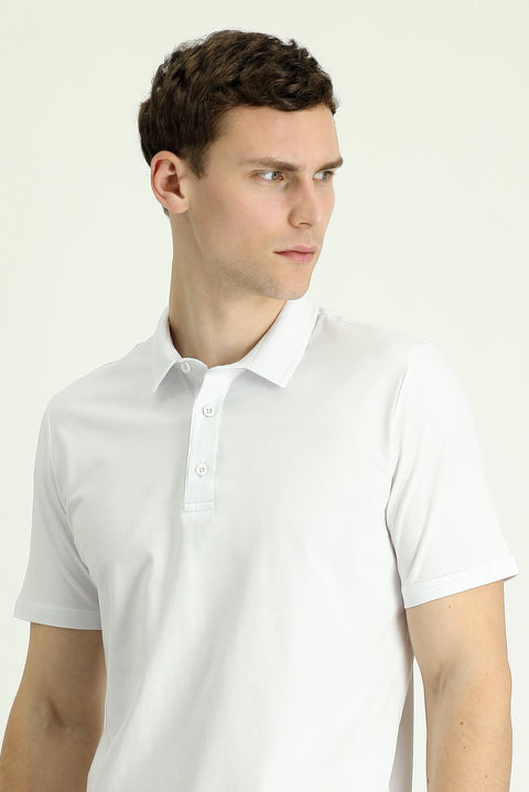 White Polo Collar Regular Fit Embroidered Supreme Cotton T-Shirt