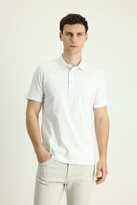 White Polo Collar Regular Fit Embroidered Supreme Cotton T-Shirt