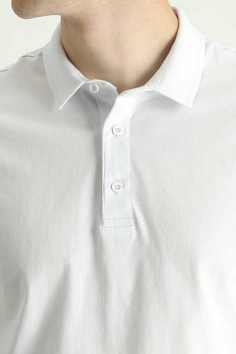 White Polo Collar Regular Fit Embroidered Supreme Cotton T-Shirt
