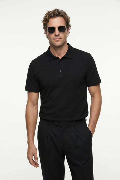 Black Polo Collar Regular Fit Embroidered Cotton T-shirt