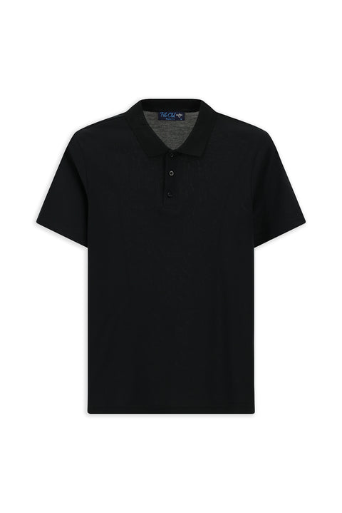 Black Polo Collar Regular Fit Embroidered Cotton T-shirt