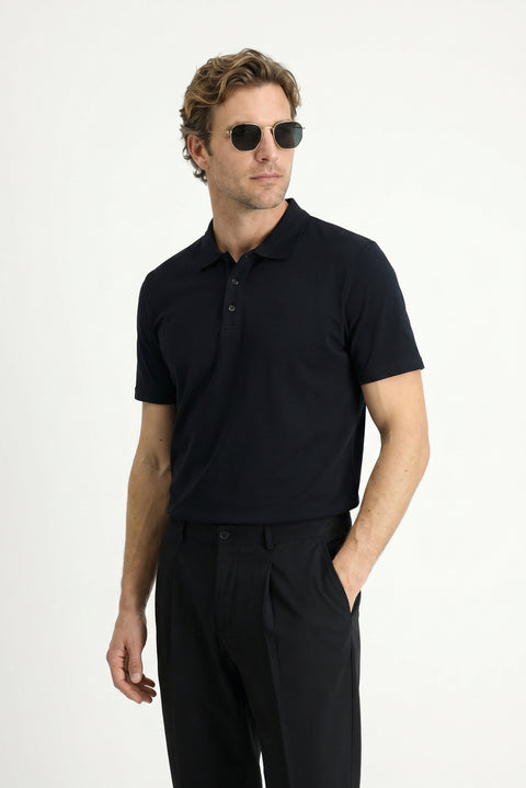 Black Polo Collar Regular Fit Embroidered Cotton T-shirt