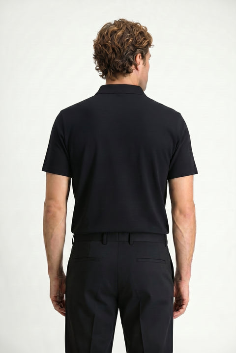 Black Polo Collar Regular Fit Embroidered Cotton T-shirt