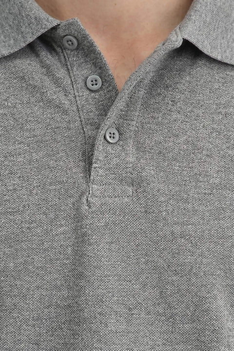 Orta Gri Melanj Polo Yaka Regular Fit Nakışlı Pamuklu Tişört