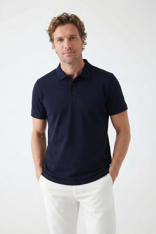  Orta Lacivert Polo Yaka Regular Fit Nakışlı Pamuklu Tişört
