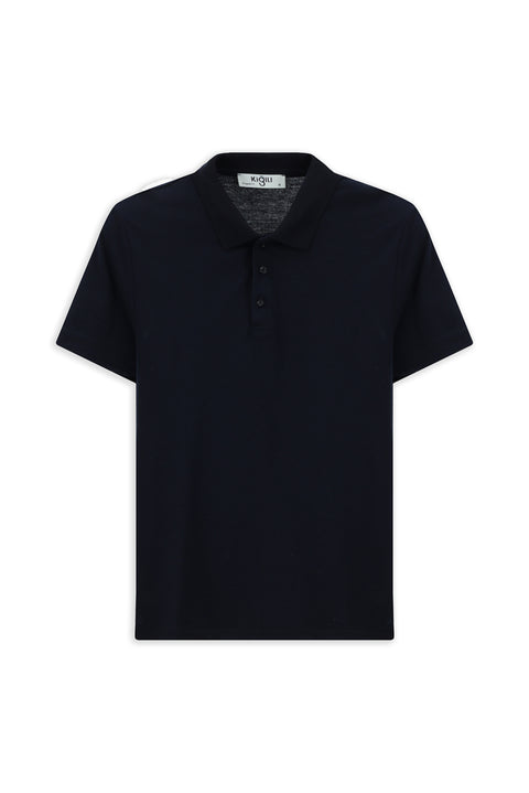 Orta Lacivert Polo Yaka Regular Fit Nakışlı Pamuklu Tişört